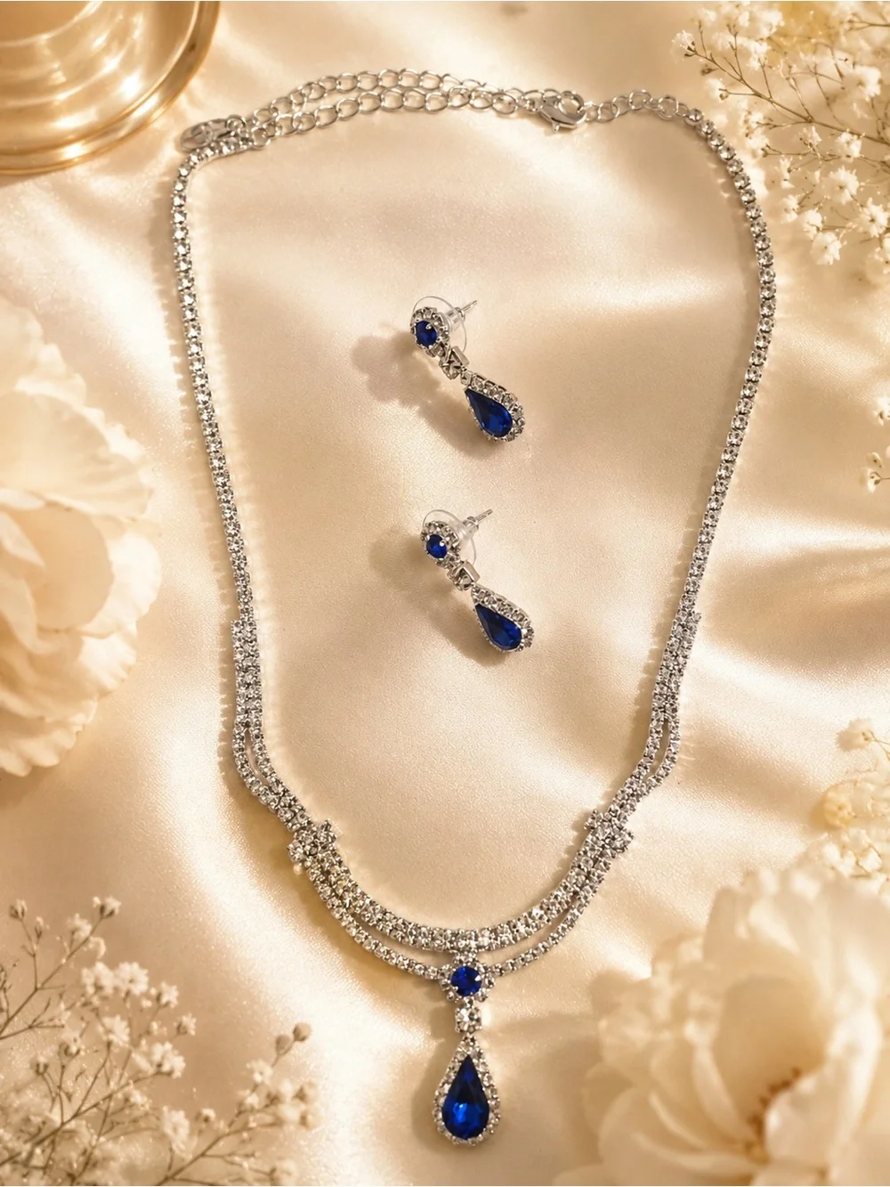 Elegant Silver Necklace and Earring Set with Royal Blue Stones